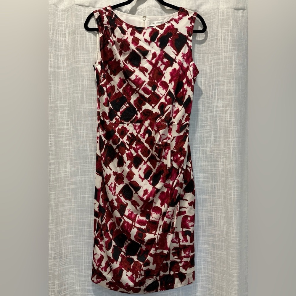 St. John Collection Womens Midi Dress Size 6 Ruched Red & White Patterned Silk